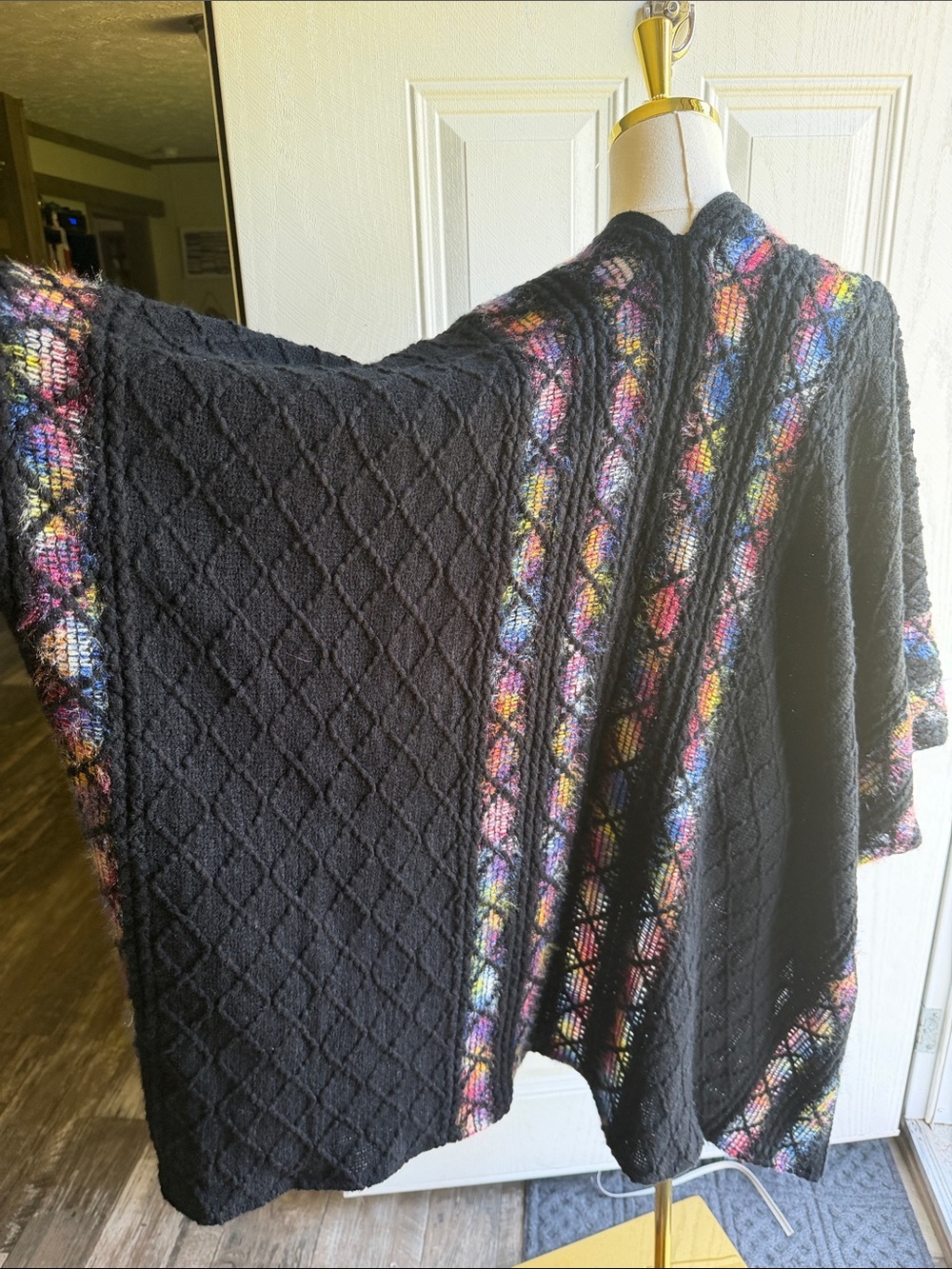 Fairycore Whimsigoth Black Open-Front Women's Knit boho rainbow Poncho - Picture 7 of 8